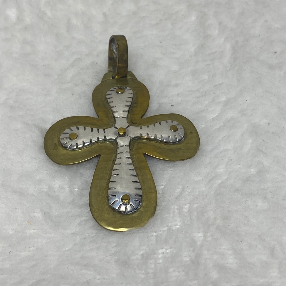 VTG Jeep Collins‎ Sterling Silver & Brass Religious Cross Pendant Christmas Gift
